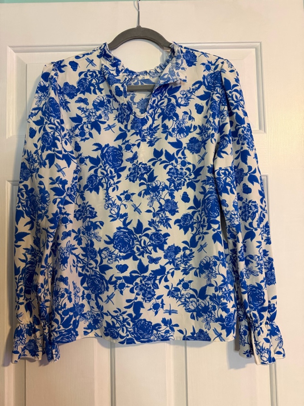 SHEIN White Top with Blue Floral Print Long Sleeves